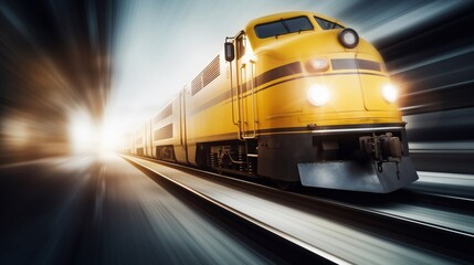 Naklejka premium Old yellow train from the middle of 20th century riding fast symbolizing the contrast between the past and the present. Generative ai