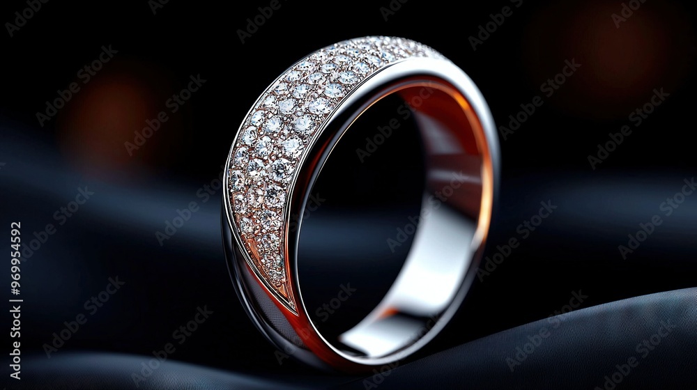 Sticker   A high-resolution photo of a diamond ring on black velvet, showcasing the clarity and brilliance of its intricate design