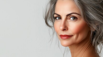 Naklejka premium Beautiful gorgeous 50s mid aged mature woman looking at camera isolated on white. mature old lady close up portrait. healthy face skin care beauty middle age skincare cosmetics cosmetology concept.