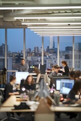 Fototapeta premium A blurred office workspace in the evening, with a cityscape in the background. There are multiple people working at their desks, with some standing.