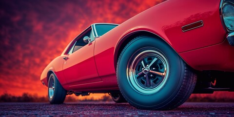 Naklejka premium Red sports muscle car on the road at sunset. Generative ai