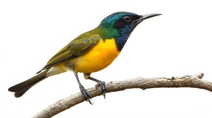 Obraz premium Regal Sunbird Perched on a Branch on a White Background, Realistic Photo, Wallpaper, Cover and Screen for Smartphone, PC, Laptop, 9:16 and 16:9 Format