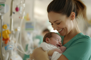 Nurse Cradling Newborn Baby with Genuine Emotions, Tender Care and Maternal Comfort - Powered by Adobe