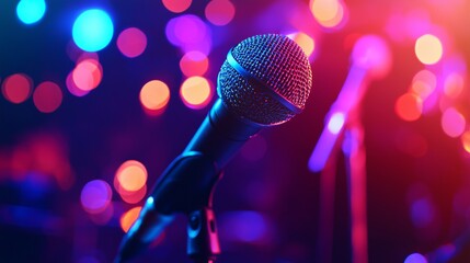 Microphone on stage close-up. mic closeup. karaoke night club bar. music concert. mike over colorful lights background. song music concept wide backdrop border art design.
