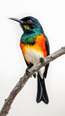 Obraz premium Regal Sunbird Perched on a Branch on a White Background, Realistic Photo, Wallpaper, Cover and Screen for Smartphone, PC, Laptop, 9:16 and 16:9 Format