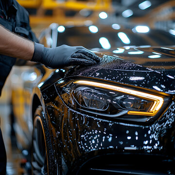 Man Wearing Black Gloves Applying Ceramic Coating to Car for Enhanced Protection and Shine