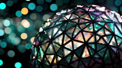 Fototapeta premium Iridescent Sphere with Triangular Panels and Bokeh Lights