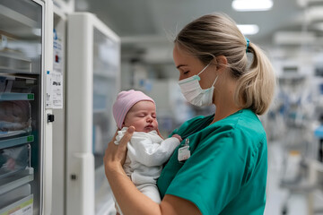 Nurse Cradling Newborn Baby with Genuine Emotions, Tender Care and Maternal Comfort