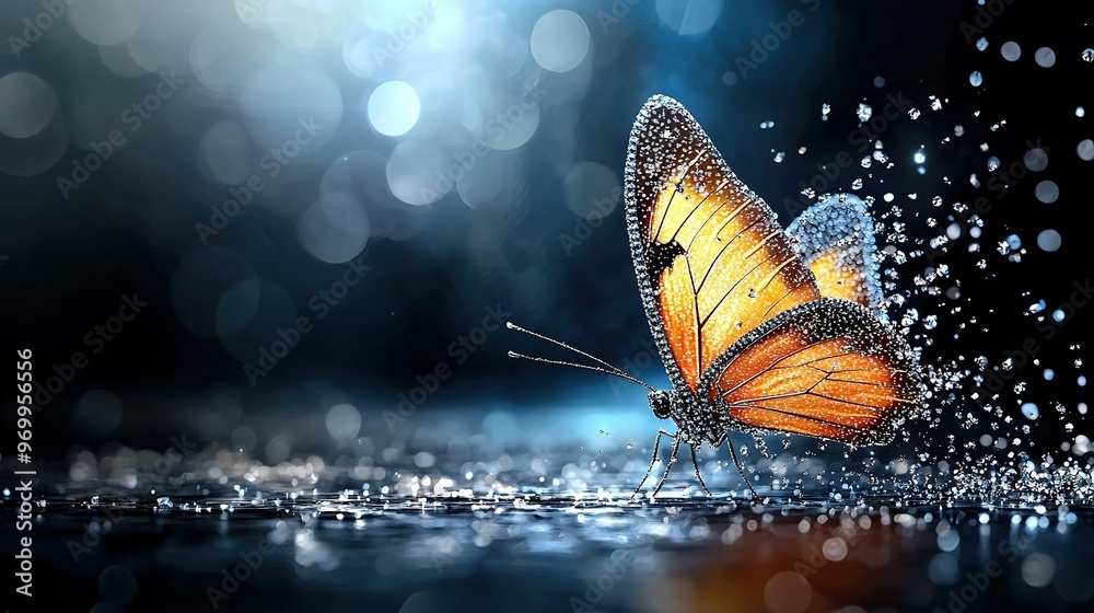 Poster   A butterfly on water with droplets and a blurred background