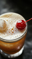 A close up of whiskey sour cocktail with cherry on top, showcasing its rich texture and bubbles
