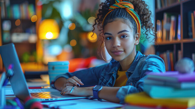 A student attending a virtual class on a laptop, with educational materials and notes spread out on the desk