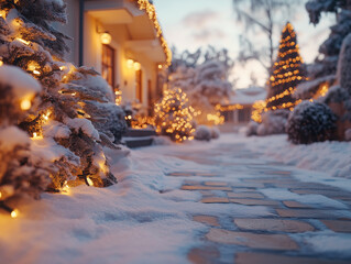 Fototapeta premium A serene winter pathway lined with glowing lights, surrounded by snow-covered trees and decorative elements. The warm ambiance invites warmth amidst the chilly evening
