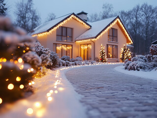 A charming house adorned with festive lights shines brightly against a snowy landscape during a tranquil winter evening, evoking a sense of warmth and holiday spirit