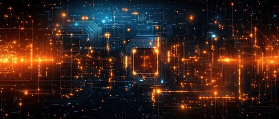 Fototapeta premium Abstract Glowing Circuit Board with Orange and Blue Lines