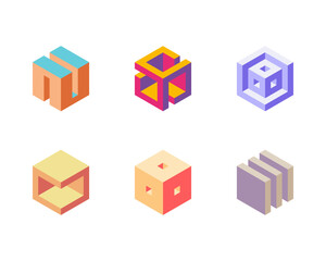 Cube logo, geometric vector design. Set box logotype company, trendy techno emblem in isometric 3D style.