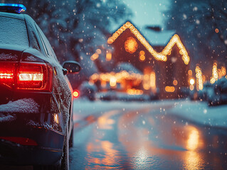 A police car is parked on a snow-covered road, while holiday lights adorn a nearby house, creating a cozy and festive winter atmosphere