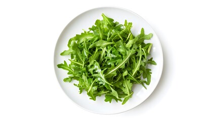 Fresh arugula salad on white plate isolated on clean background