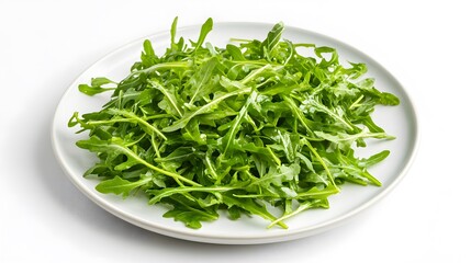 Fresh arugula leaves piled on a white plate for healthy salad options