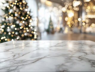 The image features a marble countertop in focus, with a beautifully decorated Christmas tree in the blurred background, creating a cozy holiday atmosphere