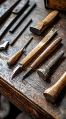 Ancient tools for craftsmanship displayed on wooden table evoke nostalgia