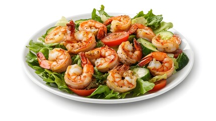 Fresh grilled shrimp salad with mixed greens, cherry tomatoes, and cucumber