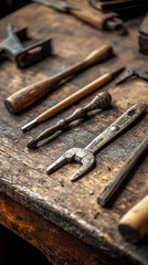 Ancient tools used for craftsmanship on wooden table evoke nostalgia