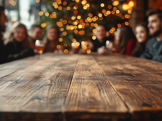 Obraz premium A group of friends enjoys drinks at a rustic wooden table, surrounded by sparkling lights and a cozy atmosphere, celebrating together during the holiday season. Space for product placement.