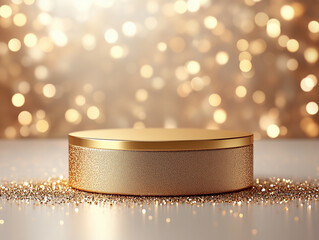 A golden pedestal rests on a shimmering surface, surrounded by sparkling bokeh lights. The atmosphere is festive, ideal for showcasing products or celebrating special occasions