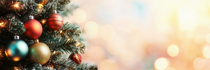 Closeup view of Christmas tree with colorful ornaments and blurred background with bokeh.