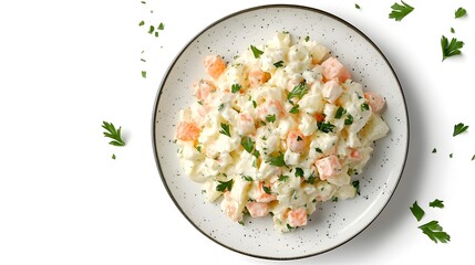 Creamy russian salad on a speckled plate with fresh parsley garnish