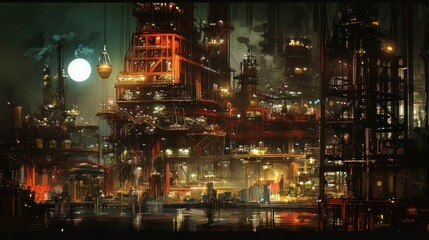 Industrial Complex Under a Full Moon
