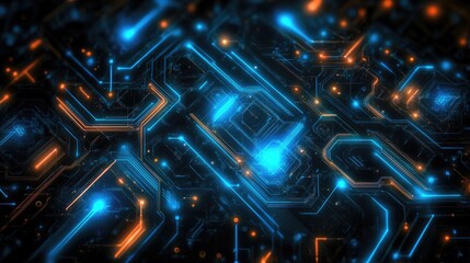 Abstract glowing blue and orange circuit board background.