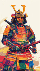 Fototapeta premium A vibrant depiction of an ancient warrior in traditional armor, showcasing strength and honor