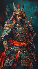 Fototapeta premium A colorful depiction of an ancient warrior in traditional armor, exuding strength and valor