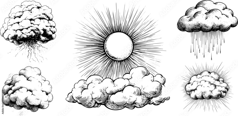 Wall mural vintage vector illustration of a cloud, sun, and rain. sketch of weather elements including thunders