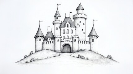 Obraz premium Majestic Engraving of Grand Castle on Hilltop - Vintage Illustration with Turrets and Banners