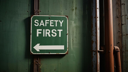 message sign safety first industry factory tone old rust green white