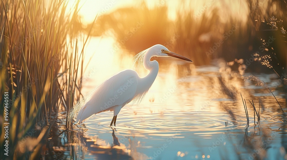 Poster   A lanky white avian perched amidst verdant grasses and reeds by a watery expanse