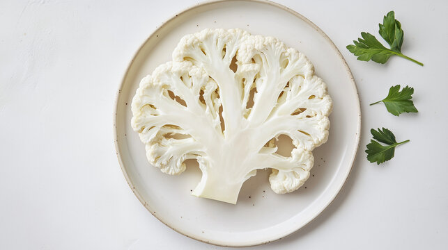 A slice of cauliflower arranged on a white plate, with parsley leaves beside it, showcasing its tree-like structure.