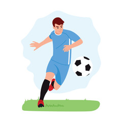Vector illustration of a handsome athlete playing football. Cartoon scene of a nimble player running on a football field with a ball, wearing a blue t-shirt and pants, knee highs, sneakers.