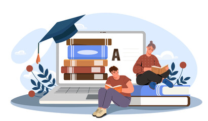 College project concept. Man and woman sit on stack of huge books near computer screen. Remote education and training, learning. Examination and test online. Flat vector illustration