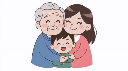 Family. three generations of a family, including an elderly man, hugging warmly. in cartoon style on a white background. Illustration