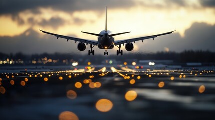 An aircraft approaches the runway during landing at dusk. The scene captures the lights in the...