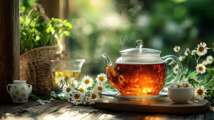 herbal tea experience, charming herbal tea assortment chamomile flowers on a rustic table, creating a cozy ambiance for relaxation
