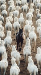 Obraz premium A single black horse stands out among a herd of white horses, individuality and uniqueness concept.