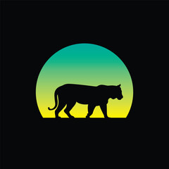 Silhouette of a tiger against a striped retro sunset. Original vector illustration in vintage style isolated on light background. T-shirt design.