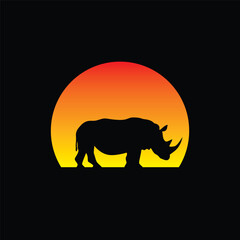 Silhouette of a rhinoceros against a striped retro sunset. Original vector illustration in vintage style isolated on light background. T-shirt design.