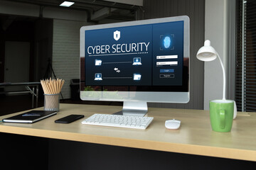 Cyber security system on computer screen protect private information snugly from hacker and cyber attack