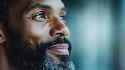 This captivating image features a close-up portrait of a man looking ahead thoughtfully, showcasing his serene expression and detailed facial features complemented by a soft background.