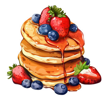 recommend clip art: A stack of pancakes with fresh strawberries, blueberries, and syrup.